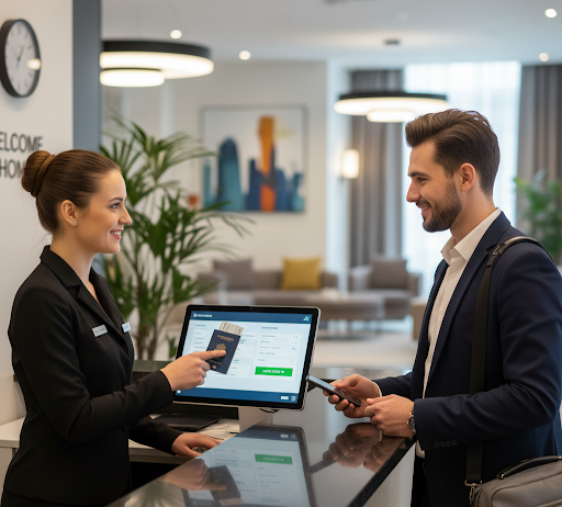 Lễ tân sử dụng phần mềm để check-in nhanh chóng